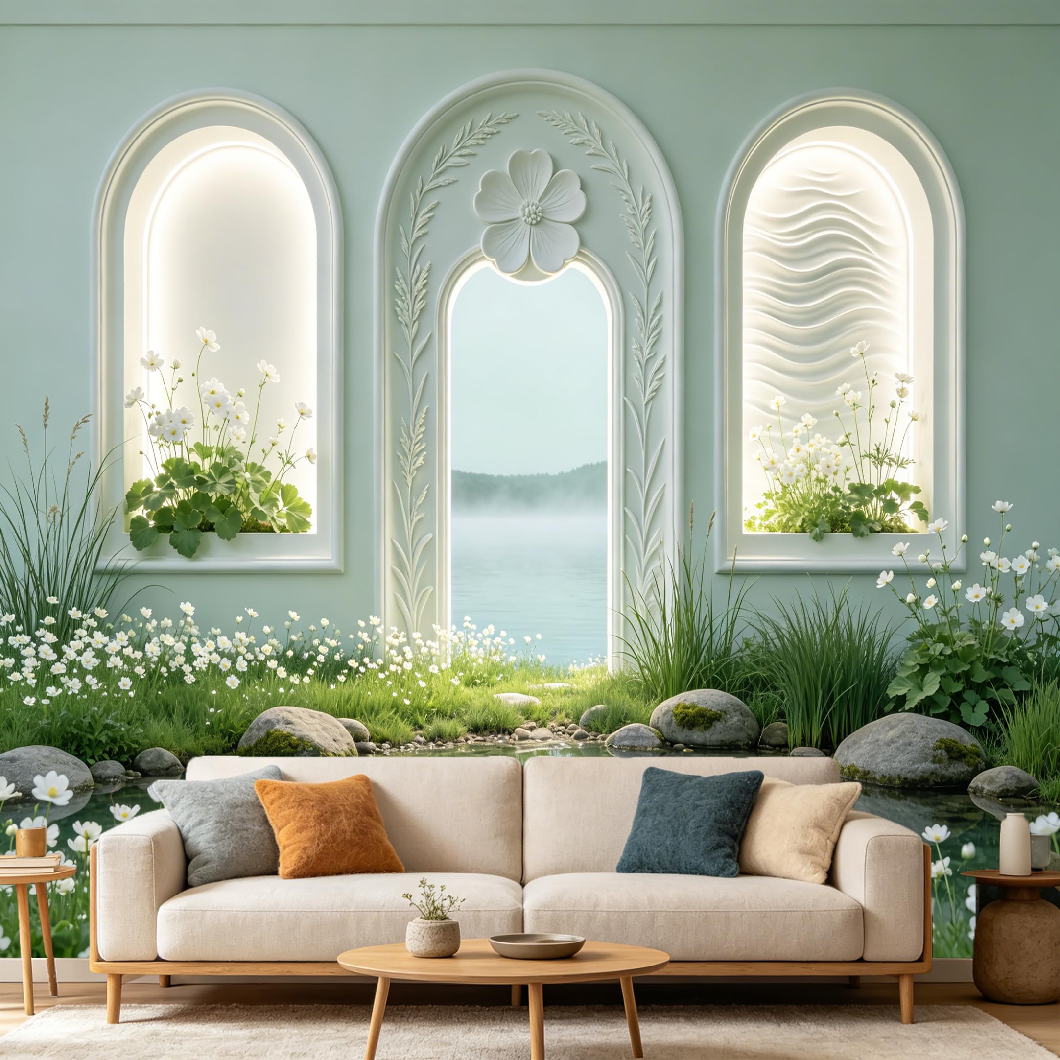 Custom Size Wall Mural， 3D Trompe L'Oeil Archway Lake Scenery White Flowers Botanical， SelfAdhesive Art Prints wall Fabric Removable Large Wallpaper Home Living Room Decor