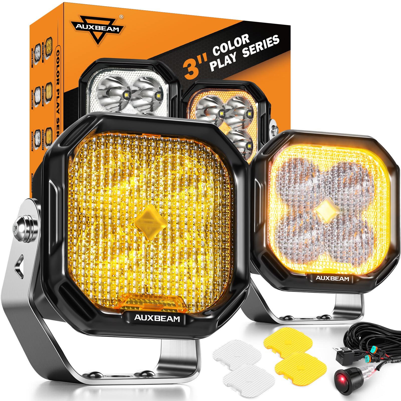 Auxbeam Color Play Series DRL &amp; Turn Signal 3-Inch Offroad Lights 2-Pack