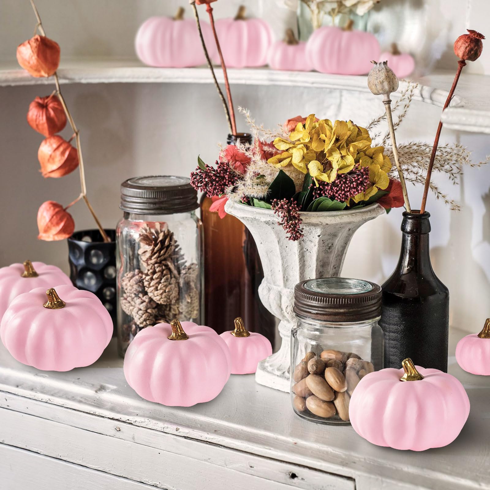 Benjia Kürbis Herbst Dekorationen, Mini Klein Draußen Künstlich Gefälscht Schaum Simulation Kürbis Herbst Bauernhaus Deko für Halloween Thanksgiving Tisch Dekorieren (12 Stück, Rosa)