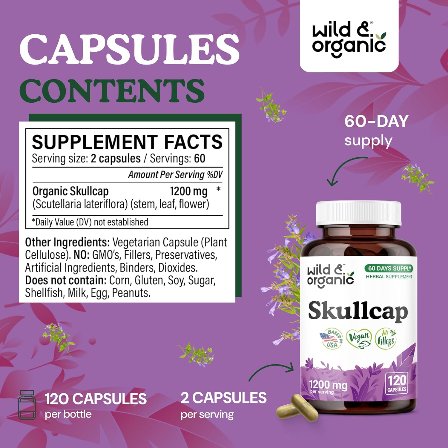 Wild & Organic Skullcap Herb Capsules 1200 mg - Calming Skullcap Supplement - 120 Capsules - Scutellaria Lateriflora Leaf Extract - 2-Month Supply - Vegan, No Fillers, Non-GMO