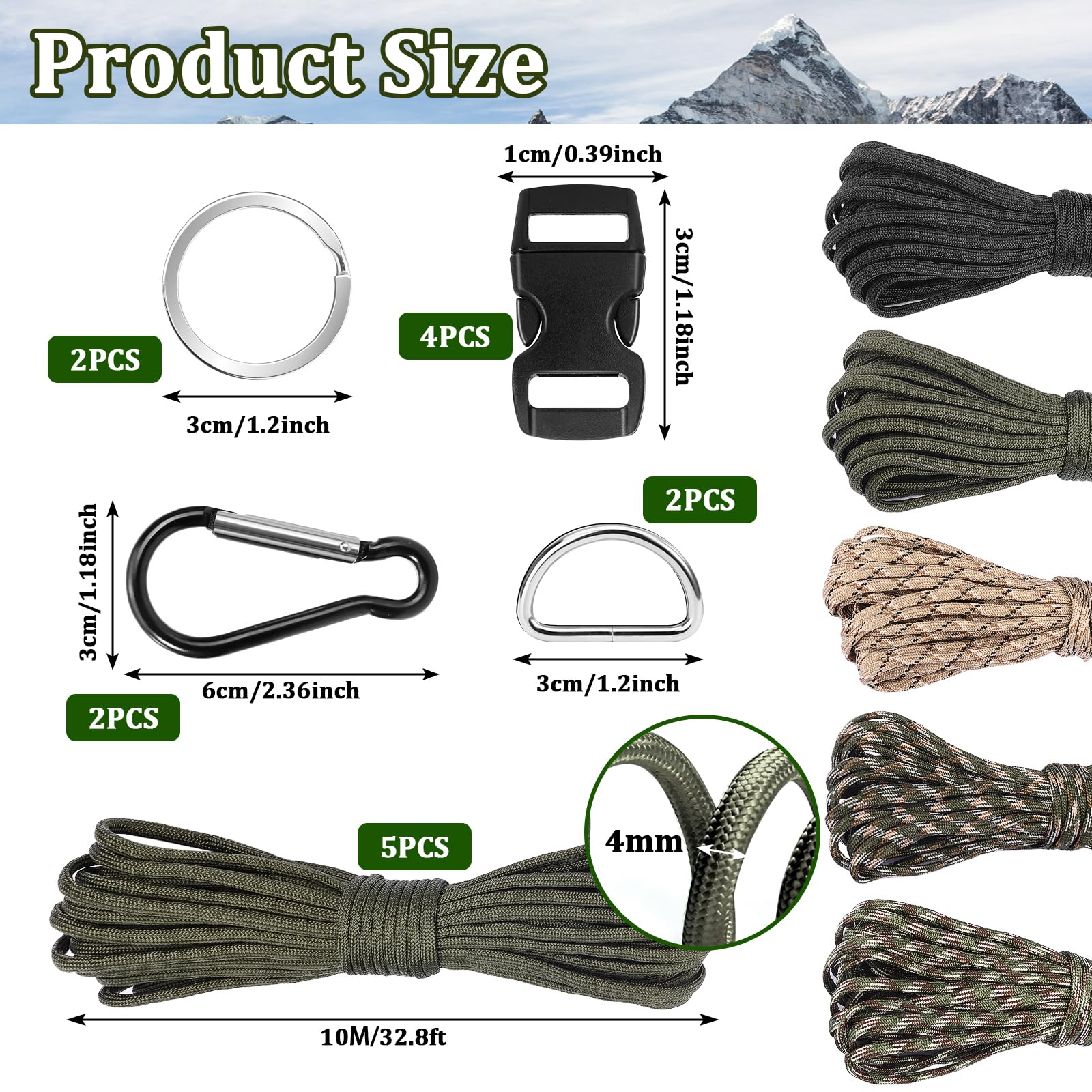 Paracord Pulsera Kit 15 Piezas 5 Rollos 33ft 10m 4mm Cuerda Nylon Hebillas Mosquetones Llaveros Manualidades Acampar