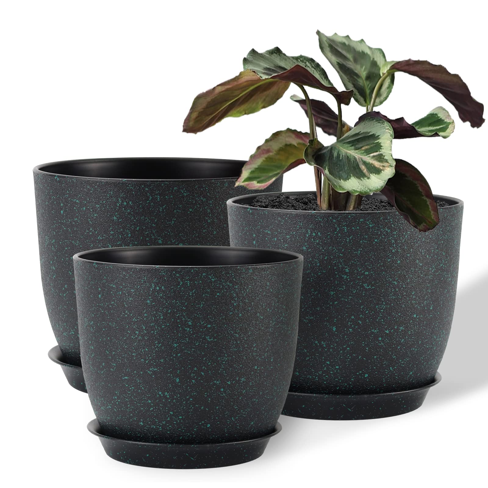 FORAGIFT 25/23/20cm Plant Pots Indoor, 3 Pack Modern Decorative Plastic Planters with Drainage Holes and Tray for House Plants, Black with Green Speckles