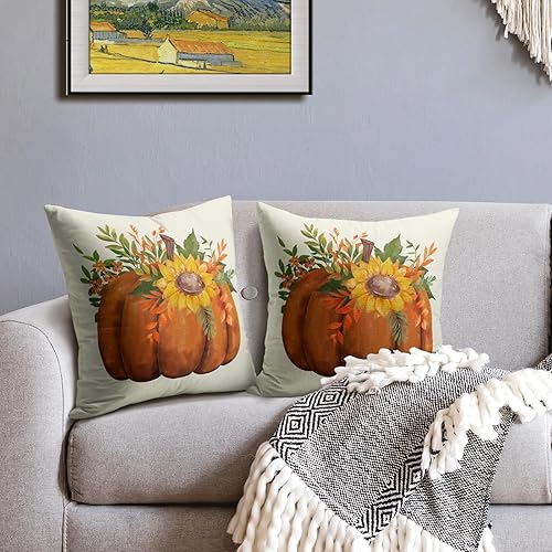 Miniatura 42 de Juego de 2 fundas de almohada de otoño de 18 x 18 pulgadas, diseño de calabaza, girasol, girasol, Acción de Gracias, decoración para exteriores