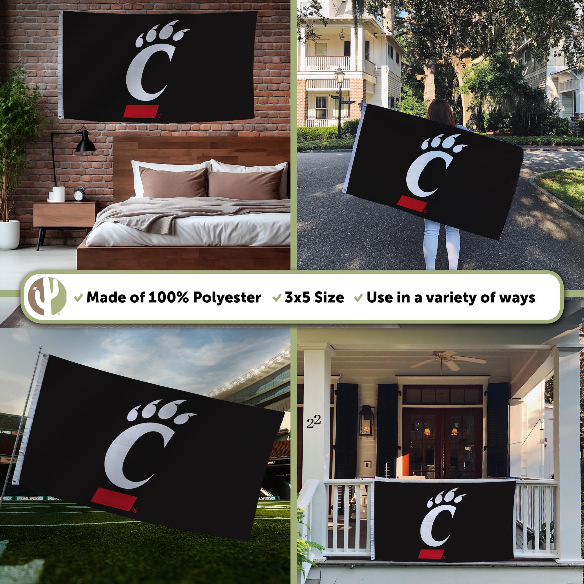 Desert Cactus University Of Cincinnati Bearcats Flag - 3x5 Feet, Officially Licensed, 100% Polyester For Indoor/Outdoor
