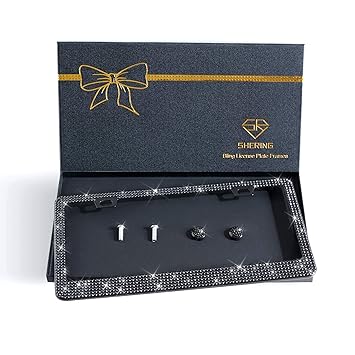 Shering 1 Pack Bling License Plate Frame, Elegant Giftbox with Handcrafted Crystal Premium Stainless Steel Bling License Plate Frame (Black, 1PACK)
