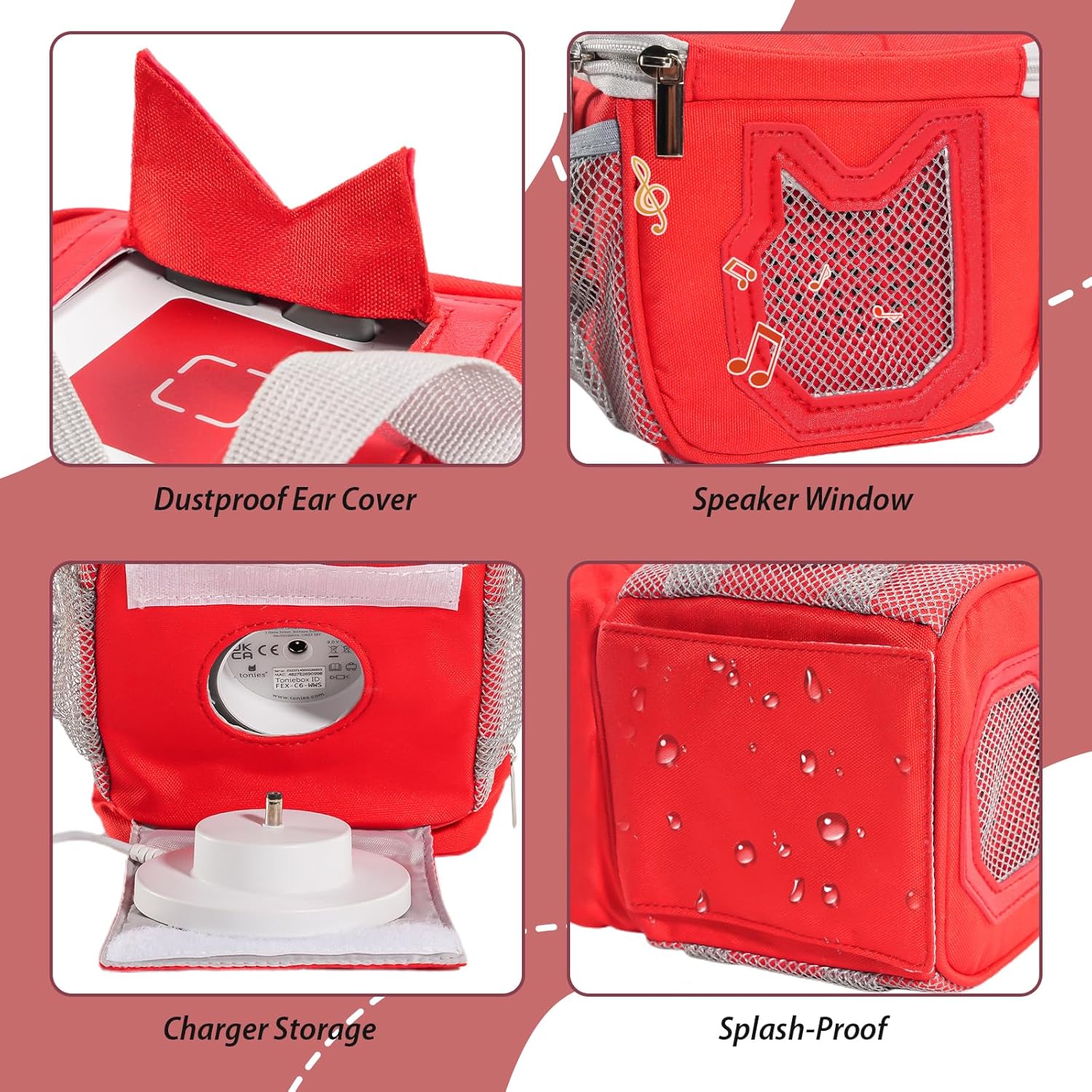 Hautton Carrying Case for Toniebox, Portable Storage Travel Bag for Tonies Figures Charging Station with Shoulder Strap Handle and Toniebox Ears Cover -Red - Image 2