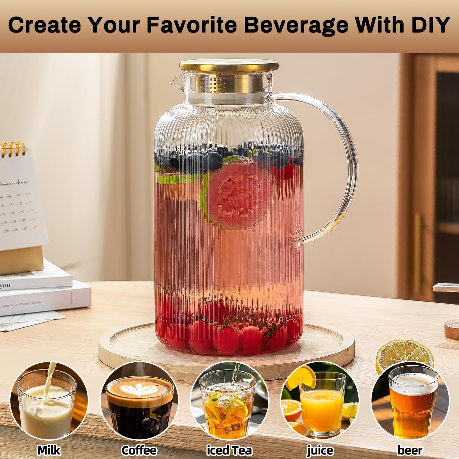 Glass Pitcher with Lid, 100 oz/ 3 Liter Classic Vertical Stripes Water Pitcher,Glass Water Carafe for Cold Brew, Coffee, Lemonade, Iced Sun Tea,Beverage, Milk, Heat Resistant - Image 4