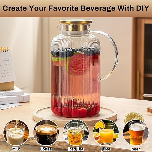 Miniatura 5 de Jarra de vidrio con tapa, jarra de agua clásica de 100 onzas  3 litros con rayas verticales, jarra de agua de vidrio para preparación fría, café,