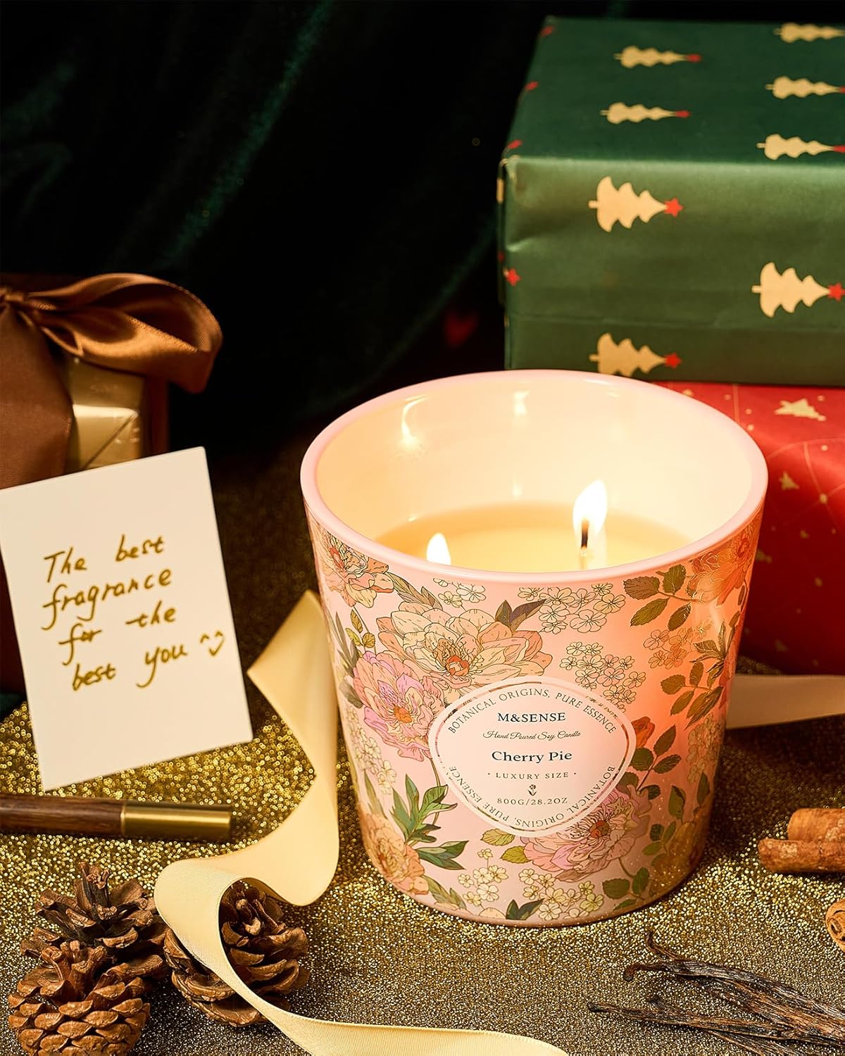 M&SENSE Cherry Pie Scented Candle, 28.2oz 3 Wick Natural Soy Wax Large Candles, Long Lasting Clean Slow Burning No Toxic Décor for Home Relaxation, Romantic Dates & Gift-Giving - Image 9