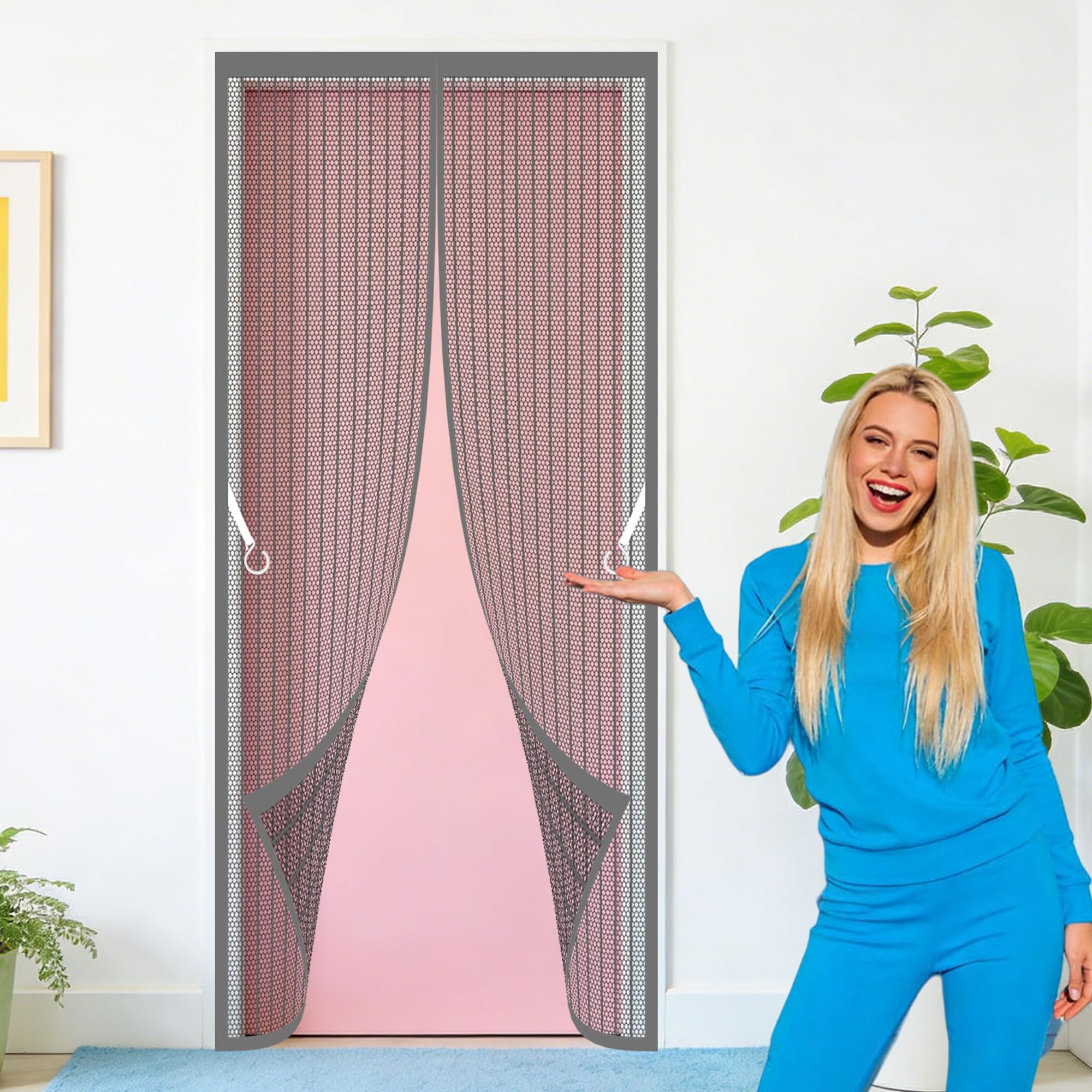 Magnetic Screen Fly Doors 94 x 266 cm Full Frame Magic Tape Magnetic Door Curtains Fly Screen Keeps Flies Mosquitoes Out for Living Room, Bedroom, Patio, Grey