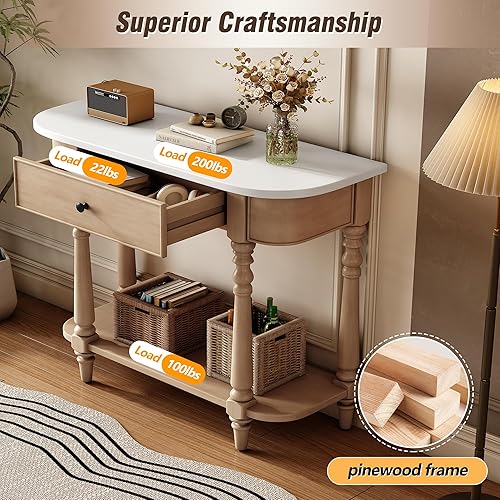 Miniatura 4 de Knocbel Mesa consola de entrada vintage con cajón de almacenamiento y estante abierto, mesa de sofá de entrada con patas, fácil montaje (blanco y