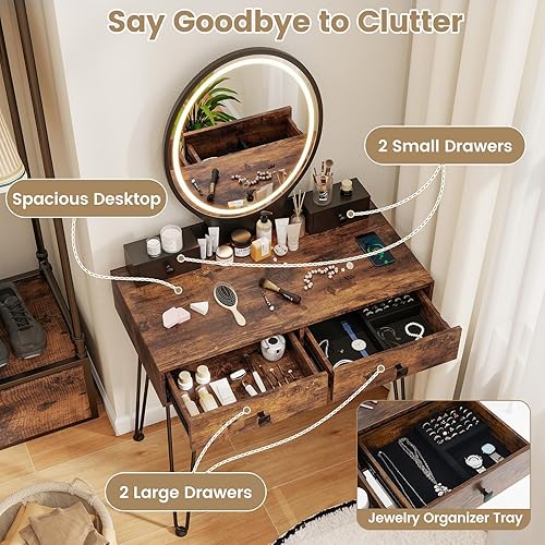 Miniatura 37 de CHARMAID Mesa de tocador de maquillaje con espejo iluminado, 3 juegos de iluminación, brillo ajustable, 2 cajones grandes, cajas de almacenamiento