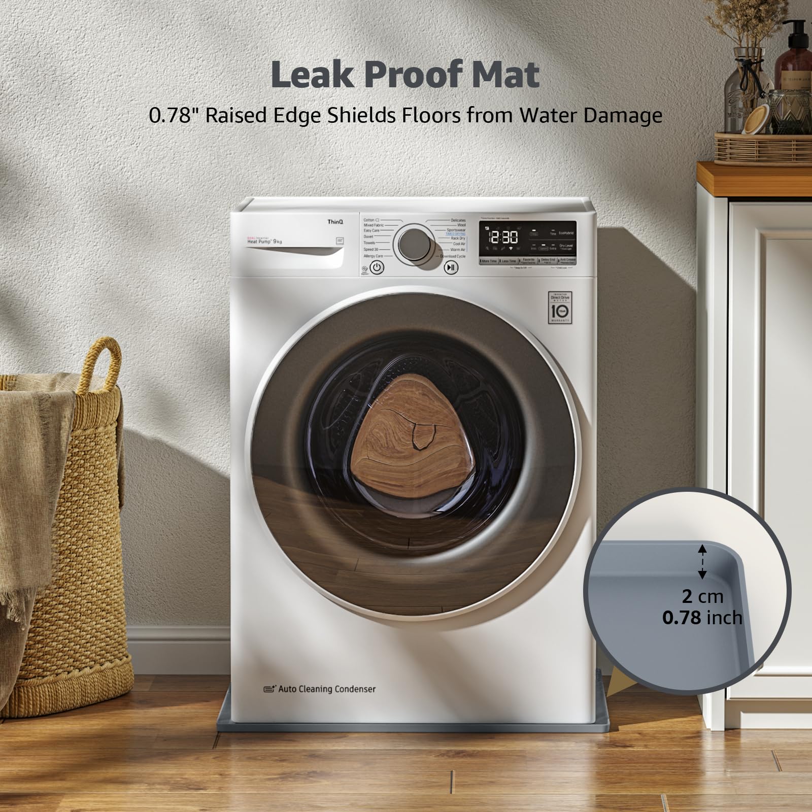 27''x27'' Washing Machine Drain Pan Silicone Mat with 0.78'' Raised Edges(Leak Protection),Non-Slip & Anti-Vibration Washer Drip Tray for Floor Protection,Washer/Dryer,Refrigerator,Rubber Pad,Gray