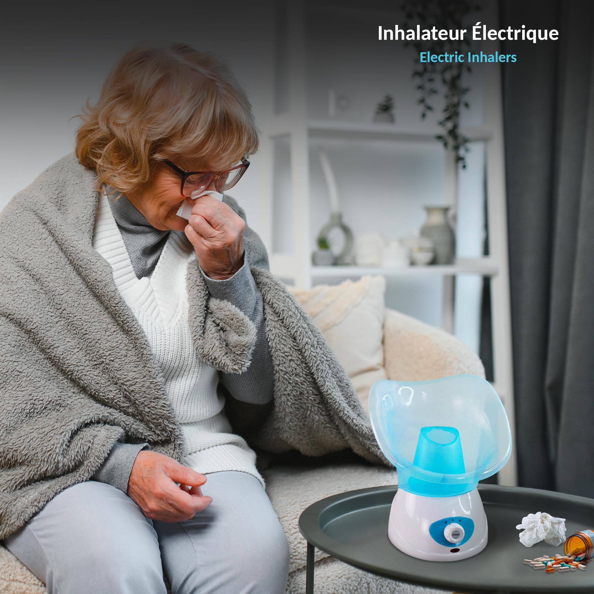FISHTEC - Inhalateur Vapeur Électrique - 2 Embouts (Facial & Nasal) - Diffusion Vapeur Chaude - Réservoir avec Arrêt Auto - Compatible Huiles Essentielles - Rhume, Sinus, Toux, Hiver