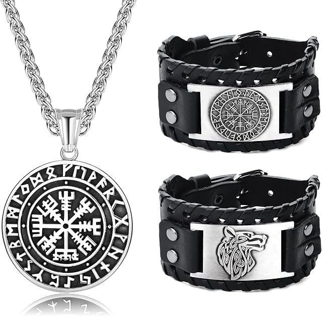 ADRAMATA Viking Necklace Viking Bracelets for Men Amulet Jewelry Norse Vegvisir Viking Necklace Bracelet Arrowhead Necklace Wolf Fenrir Bracelet Set