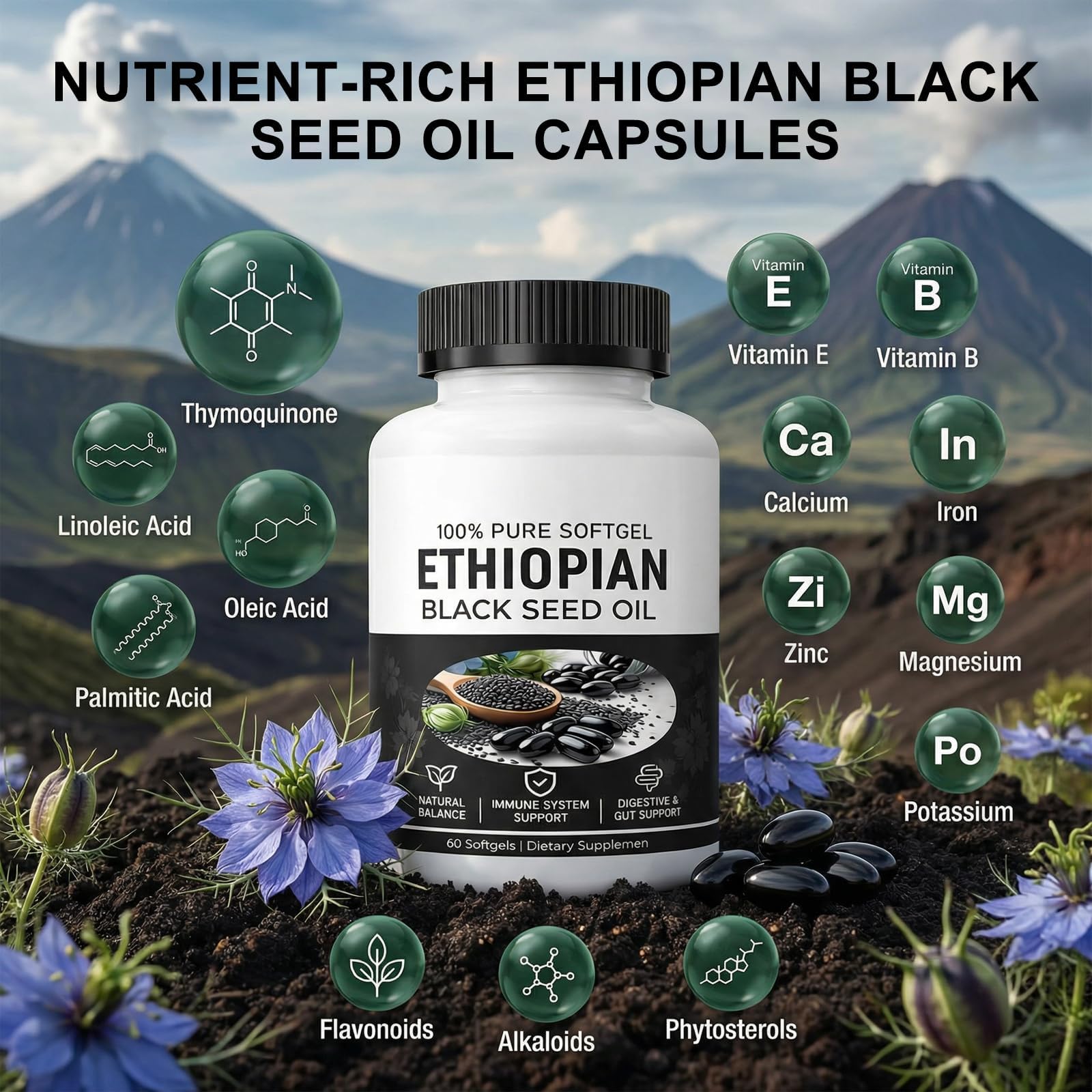 Ethiopian Black Seed Oil Capsules,Purely Nutrient Black Cumin Seed Oil from Nigella Sativa, Non-GMO Black Seed Oil Supplement Organic Cold Pressed, Easy-to-Swallow Softgels for Daily Wellness (1 Pack) — view 7