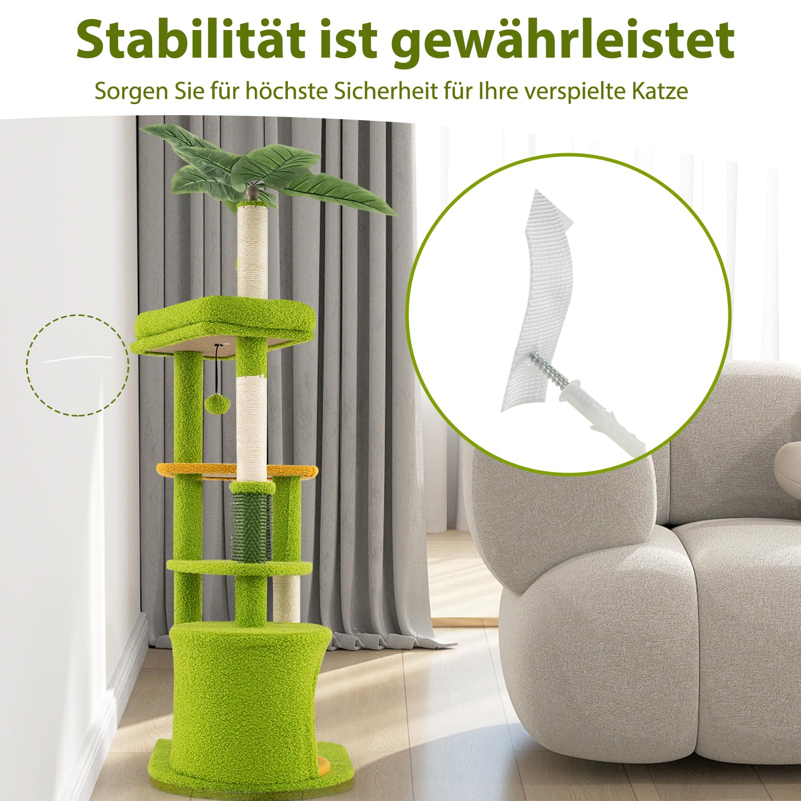 GYMAX Kratzbaum 122 cm hoch, Katzenbaum mit Katzenhöhle, Aussichtsplattform, Katzenbürste, Sisal-Kratzpfosten & Ball, Katzenmöbel mit künstlichen Blättern für Kätzchen bis zu 10 kg, Grün