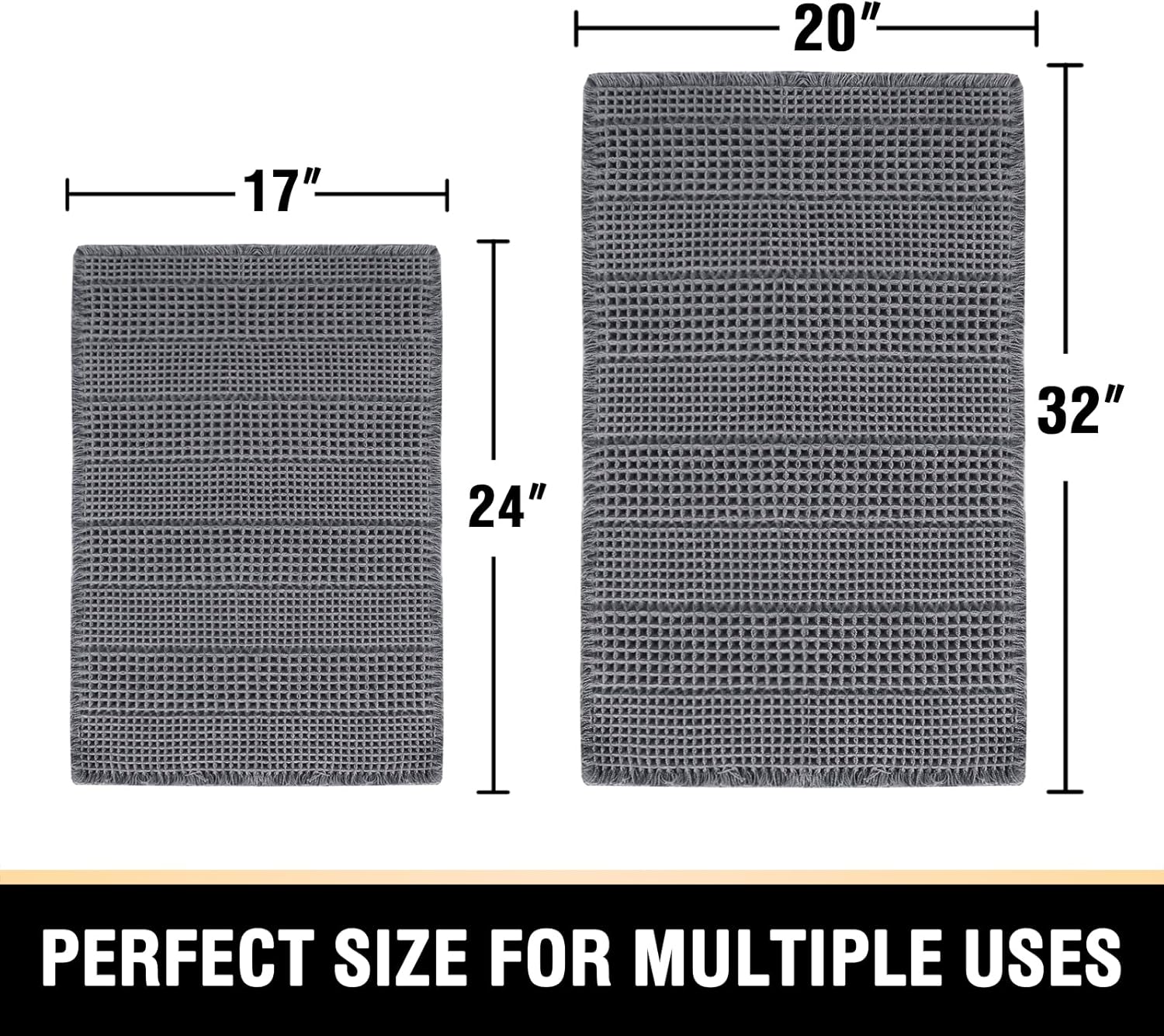 H.VERSAILTEX Waffle Bath Mat Super Absorbent Bathroom Mats Non Slip Bath Rugs for Bathroom Floor Machine Washable Ultra Soft Bathroom Rugs for Beside Tub, (32 x 20 Plus 24 x 17 - Inches, Grey)