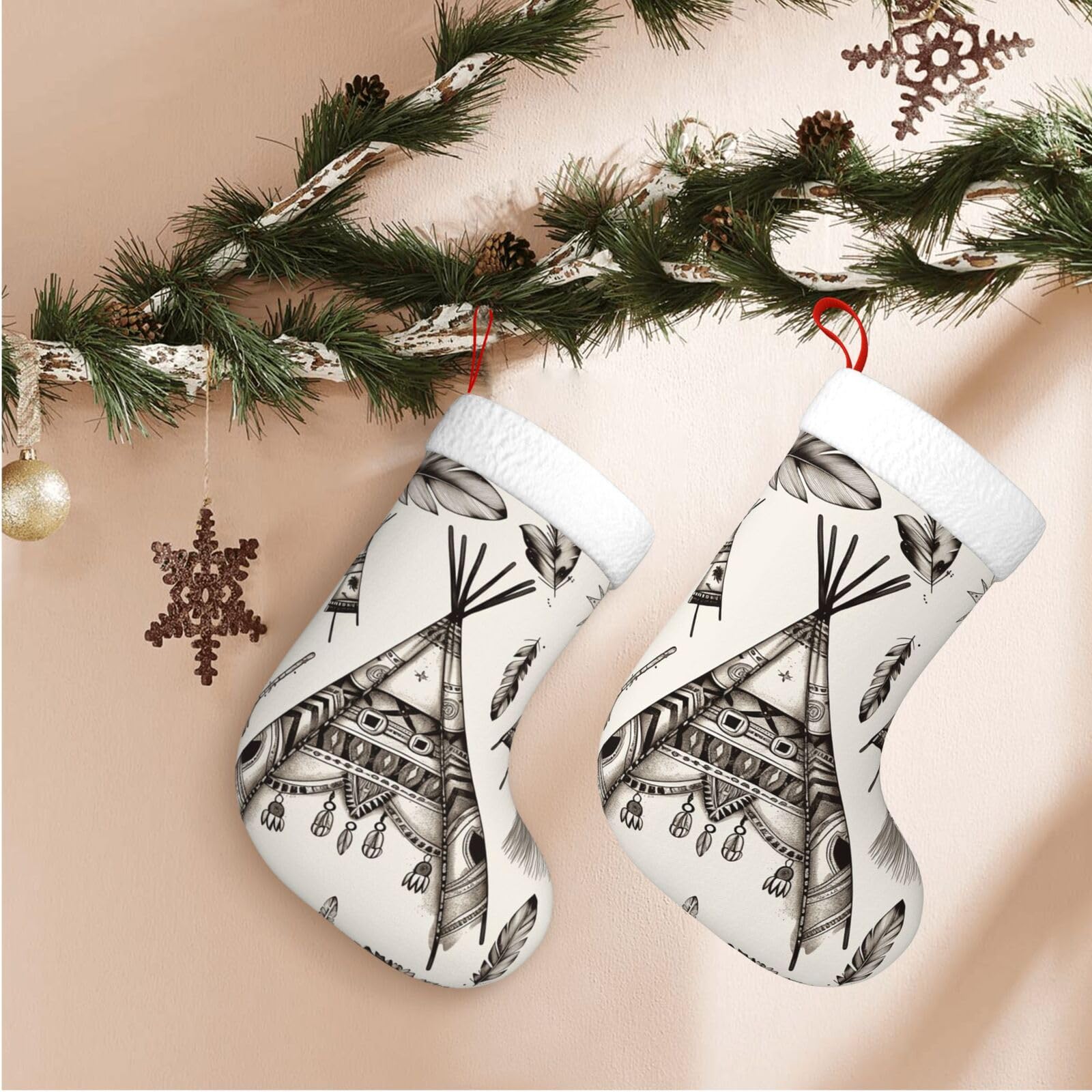 Feather Head Band Teepee Tent Christmas Stockings Velvet Xmas Fireplace Hanging Stocking with Plush Cuff Rustic Christmas Santa Stockings for Home Christmas Decorations Party Favor Supplies
