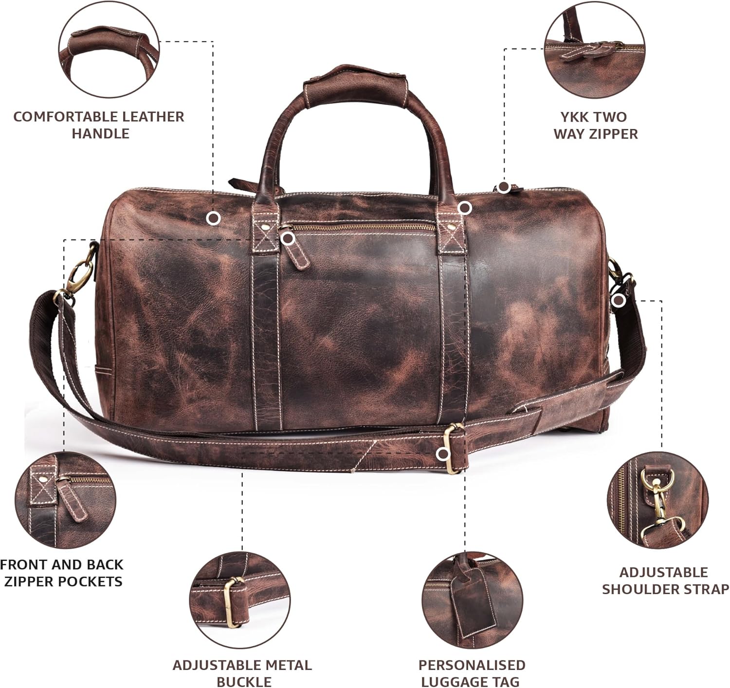 Leather Village Leather Duffel Bags for Men & Women-Stylish Travel Weekender Carry-On Sports Gym Overnight Luggage Bag - 20 Inch - Rustic Brown - Image 4