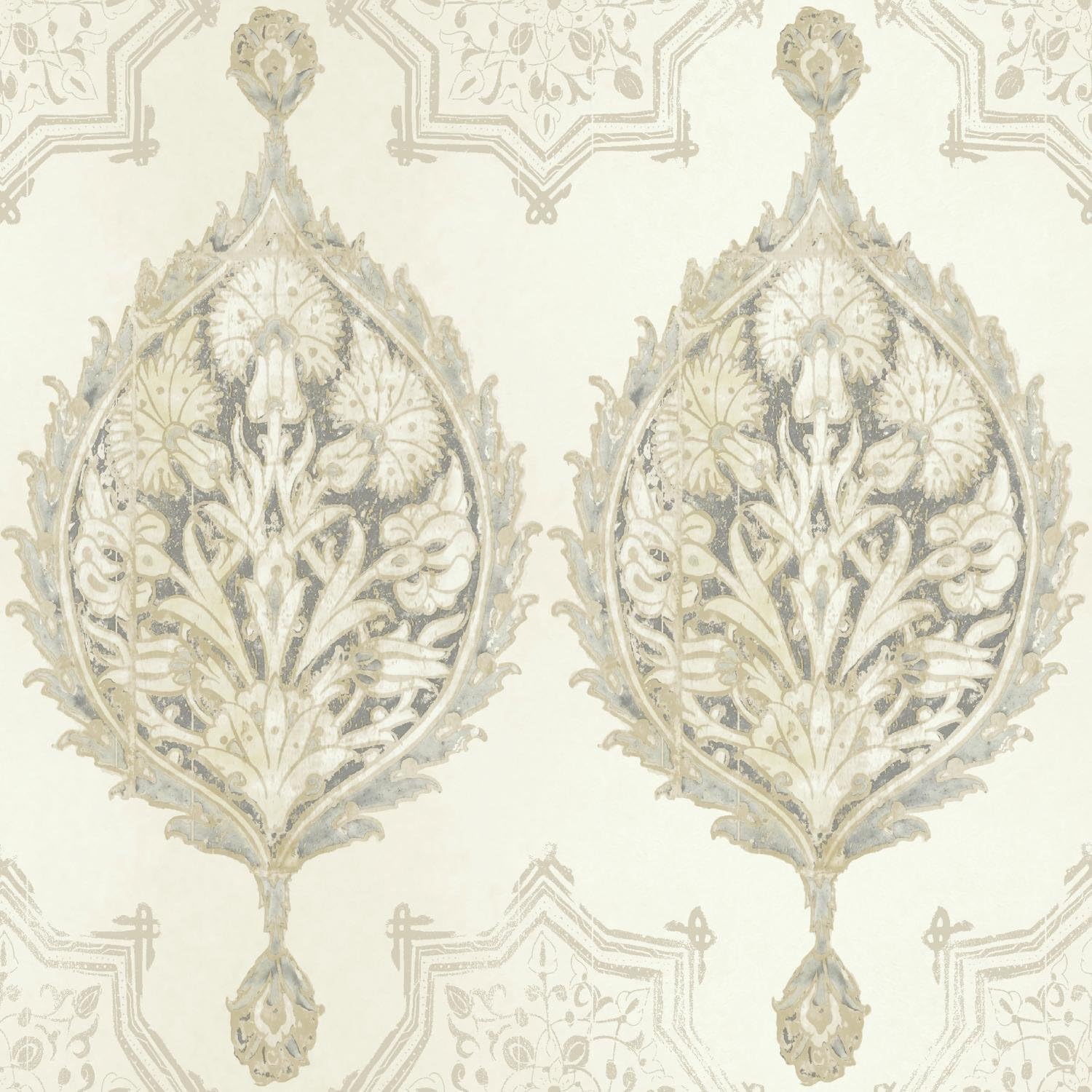 York Wallcoverings Patina Vie Henna Palm Ogee Water-Activated Removable Wallpaper - White/Off White | Spray with Water and Hang | Ultra Easy
