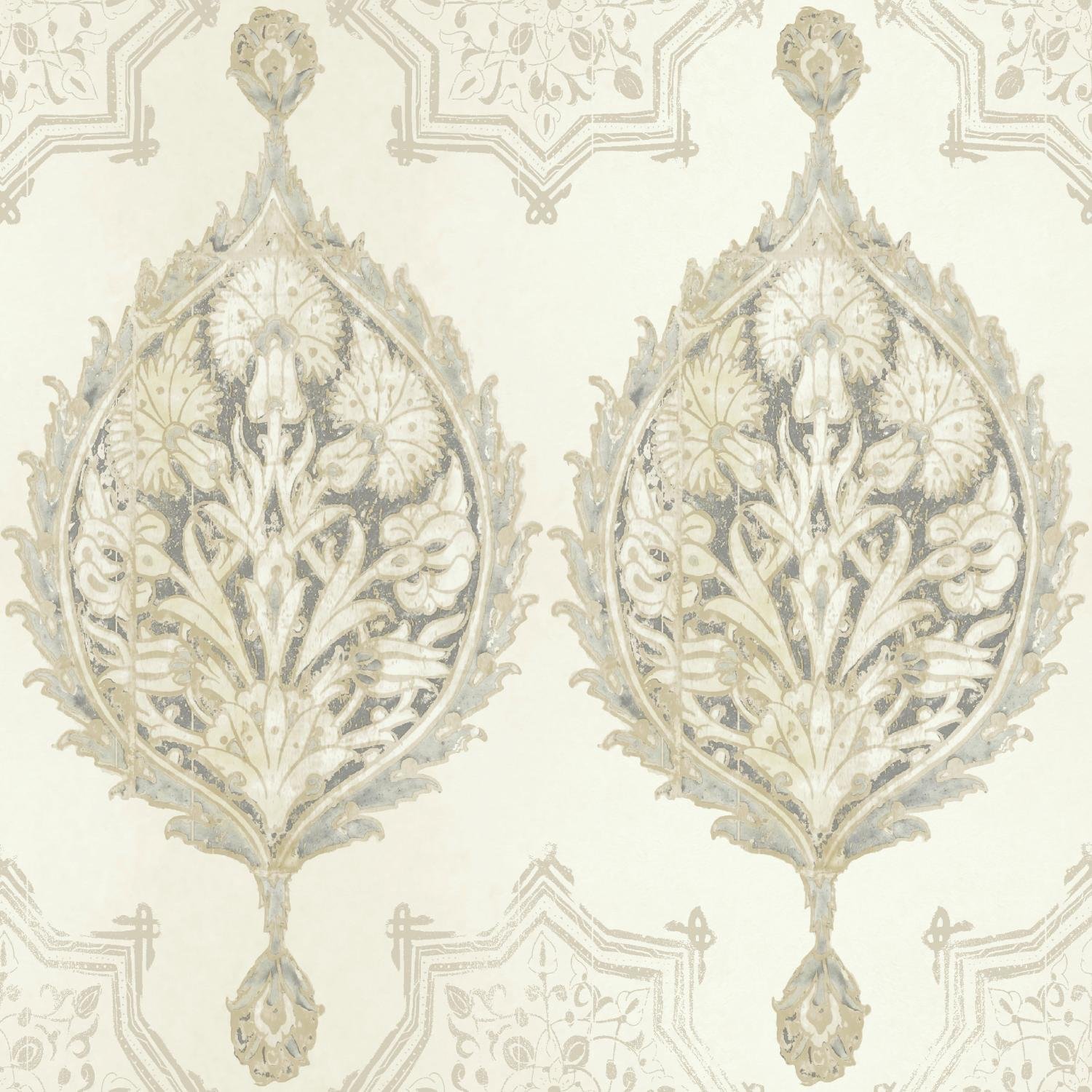 York WallcoveringsPatina Vie Henna Palm Ogee Water-Activated Removable Wallpaper - White/Off White | Spray with Water and Hang | Ultra Easy