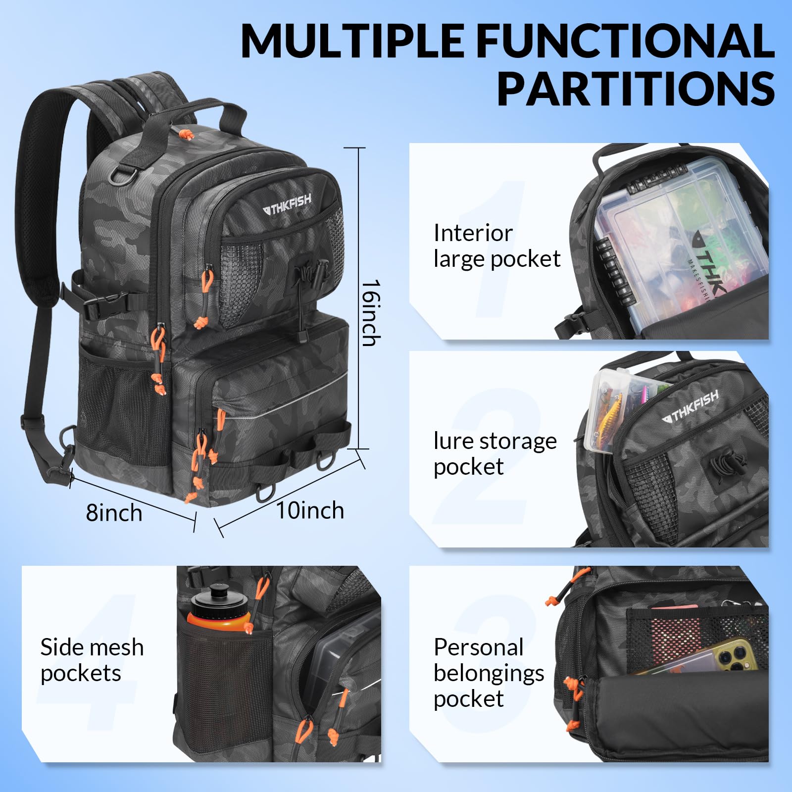 THKFISH Set di esche da pesca con scatola per esca, tessuto Oxford 600D, impermeabile, con scomparto regolabile, per attrezzi da pesca, campeggio, escursionismo, viaggi, mimetico