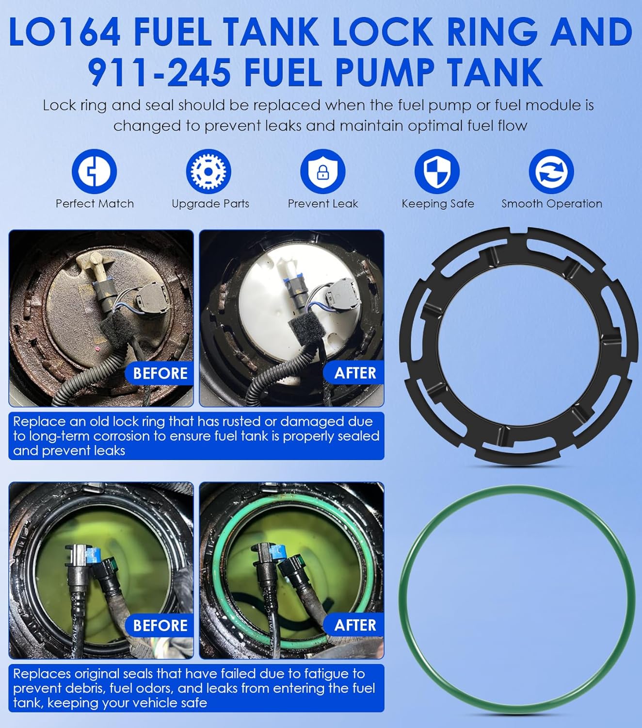 911-245 Fuel Tank O-ring, LO164 Fuel Tank Lock Ring & 6599 Fuel Tank Lock Ring Wrench Tool for Buick Cadillac Chevrolet Dodge Ford GMC Hummer Isuzu Jeep Lincoln Mazda Pontiac Ram Saab Saturn Suzuki
