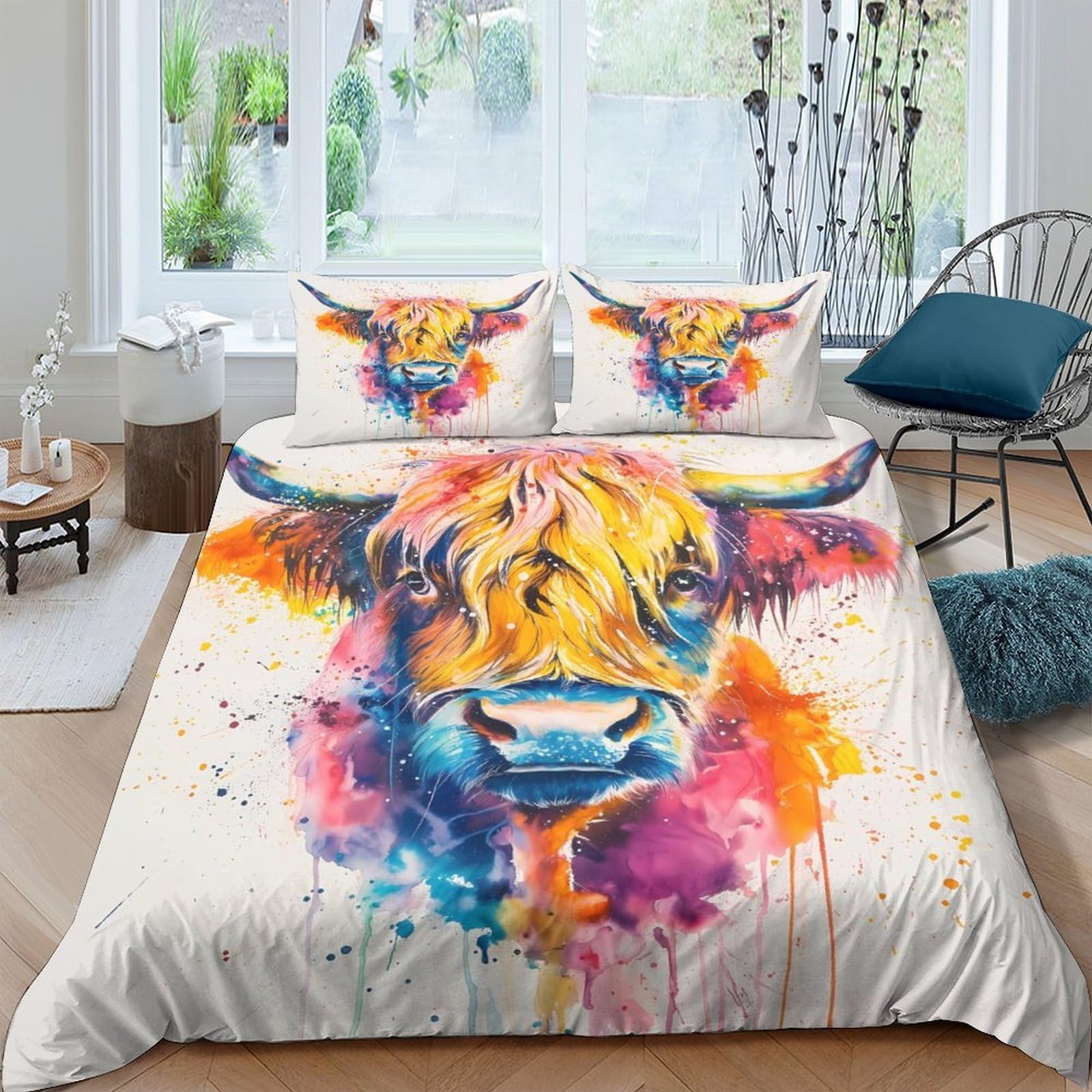 Ctjqhvkz Style-2 3D Printed Colorful Highland Cow Fitted Sheet Microfiber Soft Anti-Slip Bed Sheet For Bedroom Guest Room Decor Single（135X200cm）