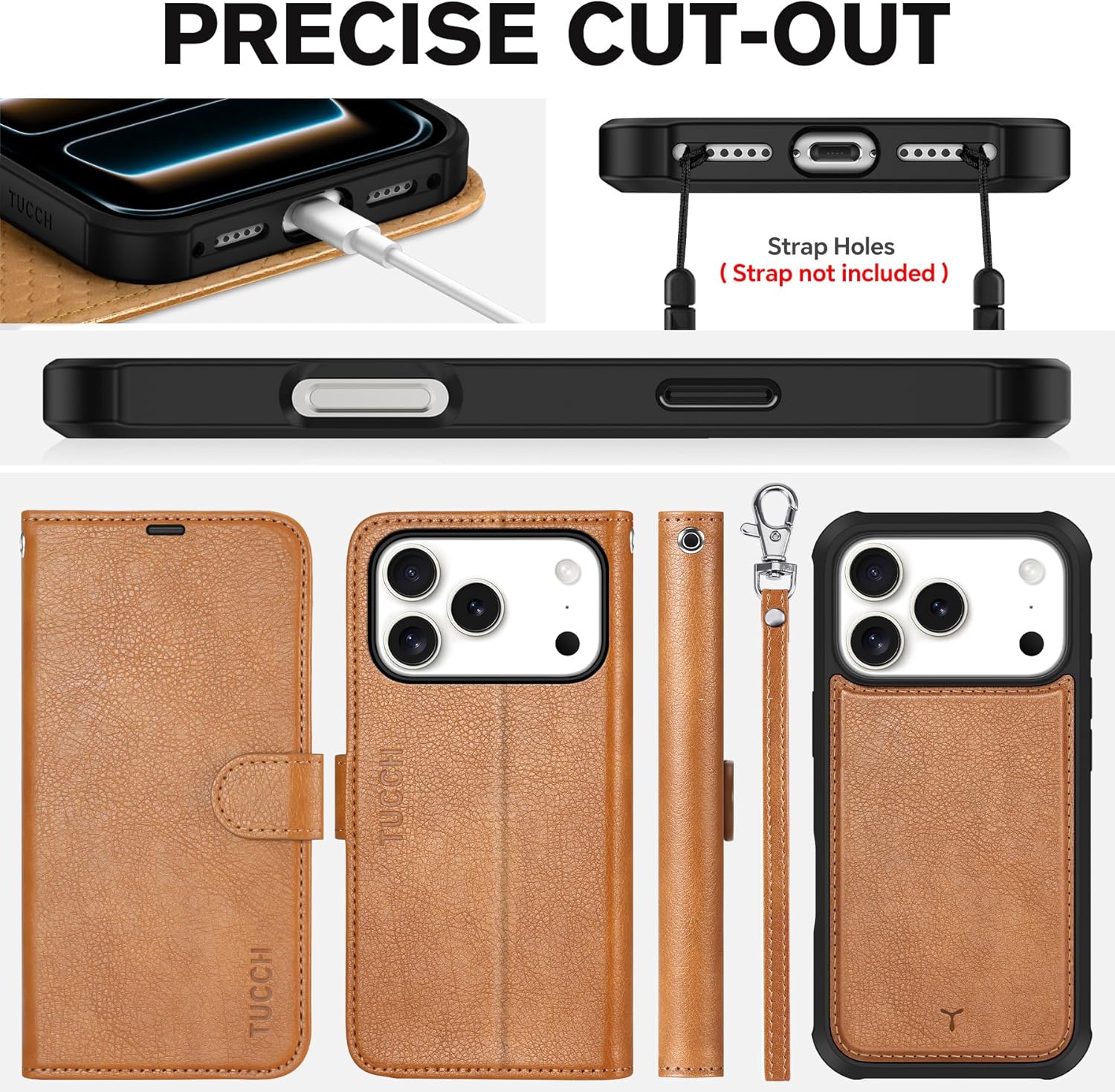 TUCCH Detachable Case Wallet for iPhone 17 Pro (6.3") 2025, Wrist Strap | 4 Card Slots RFID Blocking | Wireless Charging | Stand | 2-in-1 Magnetic | PU Leather | Shockproof Folio Cover | Light Brown - Image 8