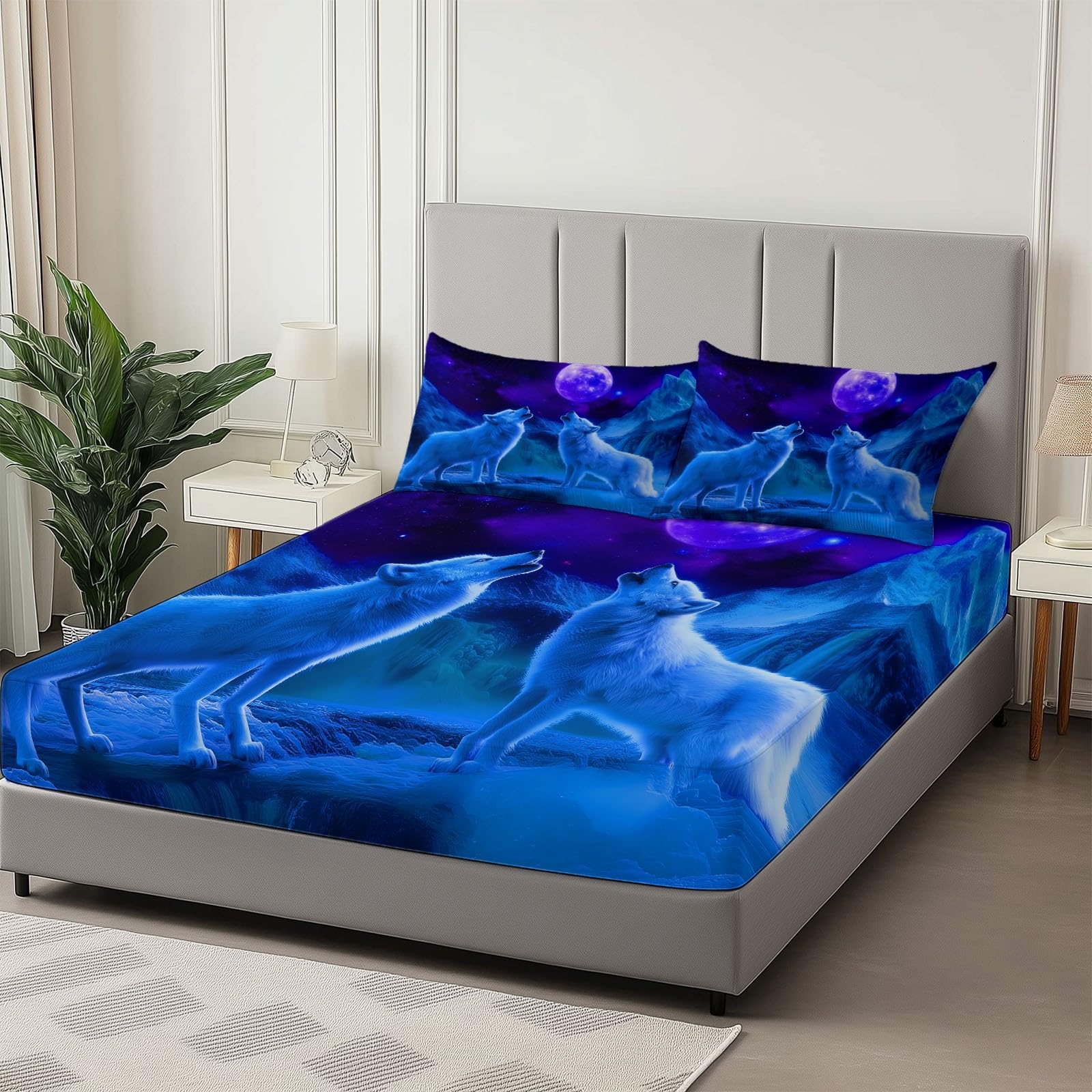 Lenzuola Matrimoniali Fantasia Animali Lupo, Blu Set Lenzuola con Angoli in Microfibra con Angolo Fino a 30 cm con 2 Federe, Set completo da letto per Bambini e Adulti, 150 x 200 cm