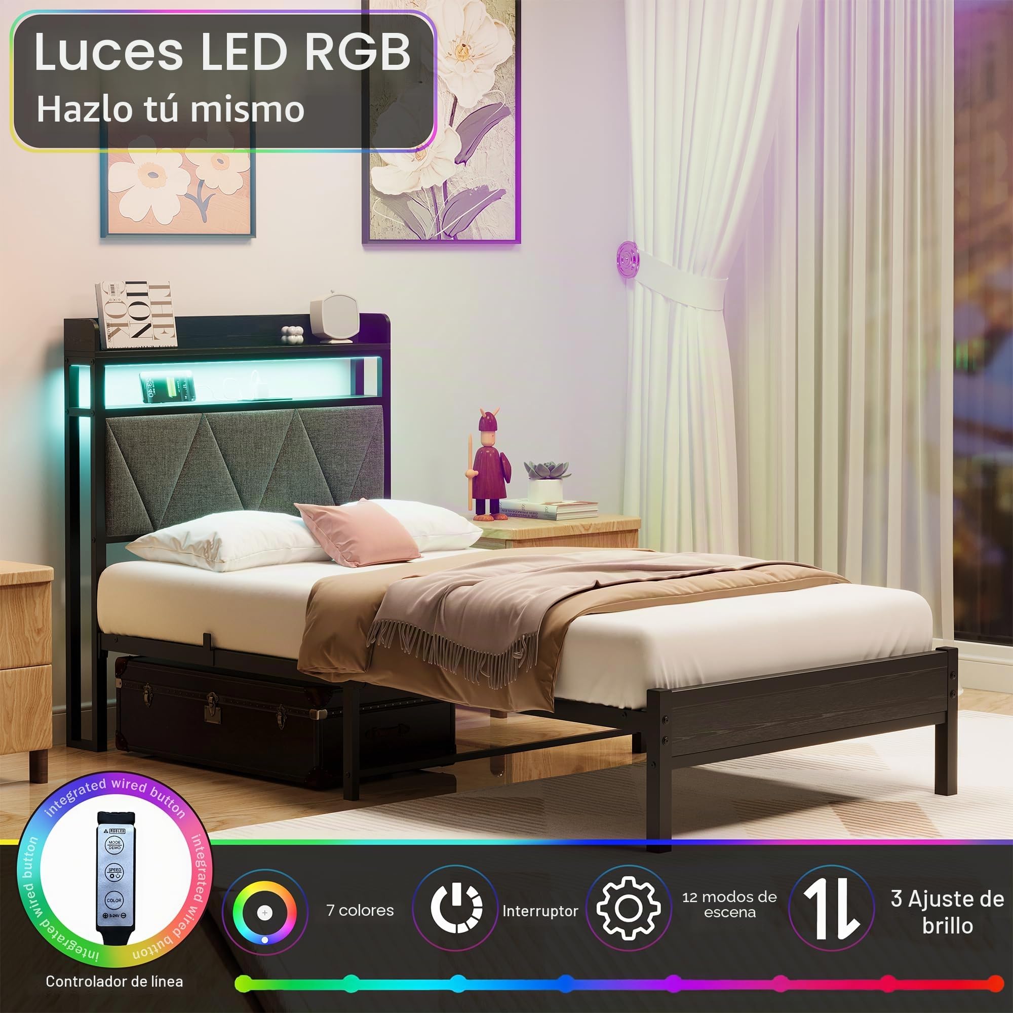 Estructura de cama de 90 x 200 cm con cabecero tapizado de madera con dos estantes, estación de carga, luces LED, estructura de cama metálica robusta, no se necesita somier tapizado