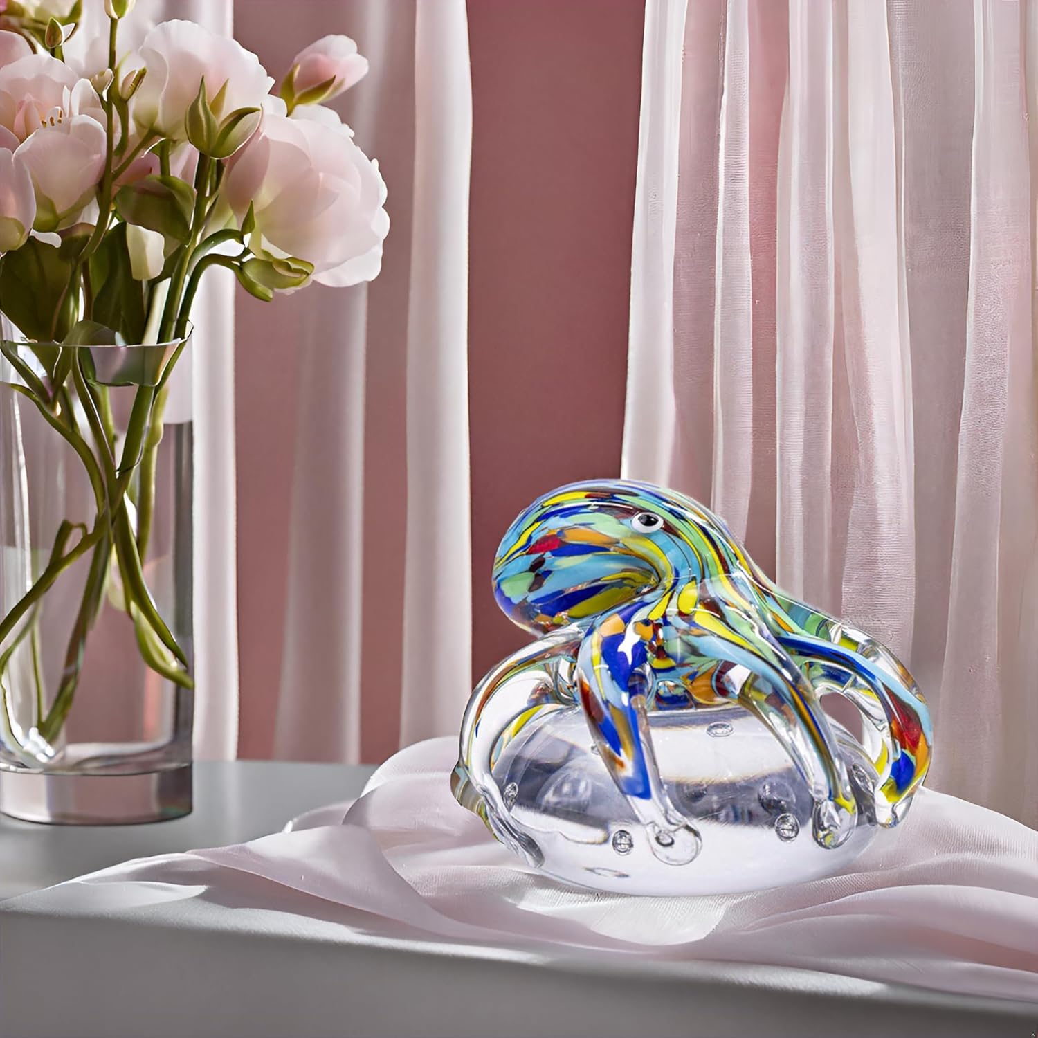 Hand Blown Art Glass Octopus Figurine on Crystal Ball | Handmade Sea Creature Collectible, Ocean Theme Desk Paperweight & Aquarium Decor (Turquoise) - Image 7