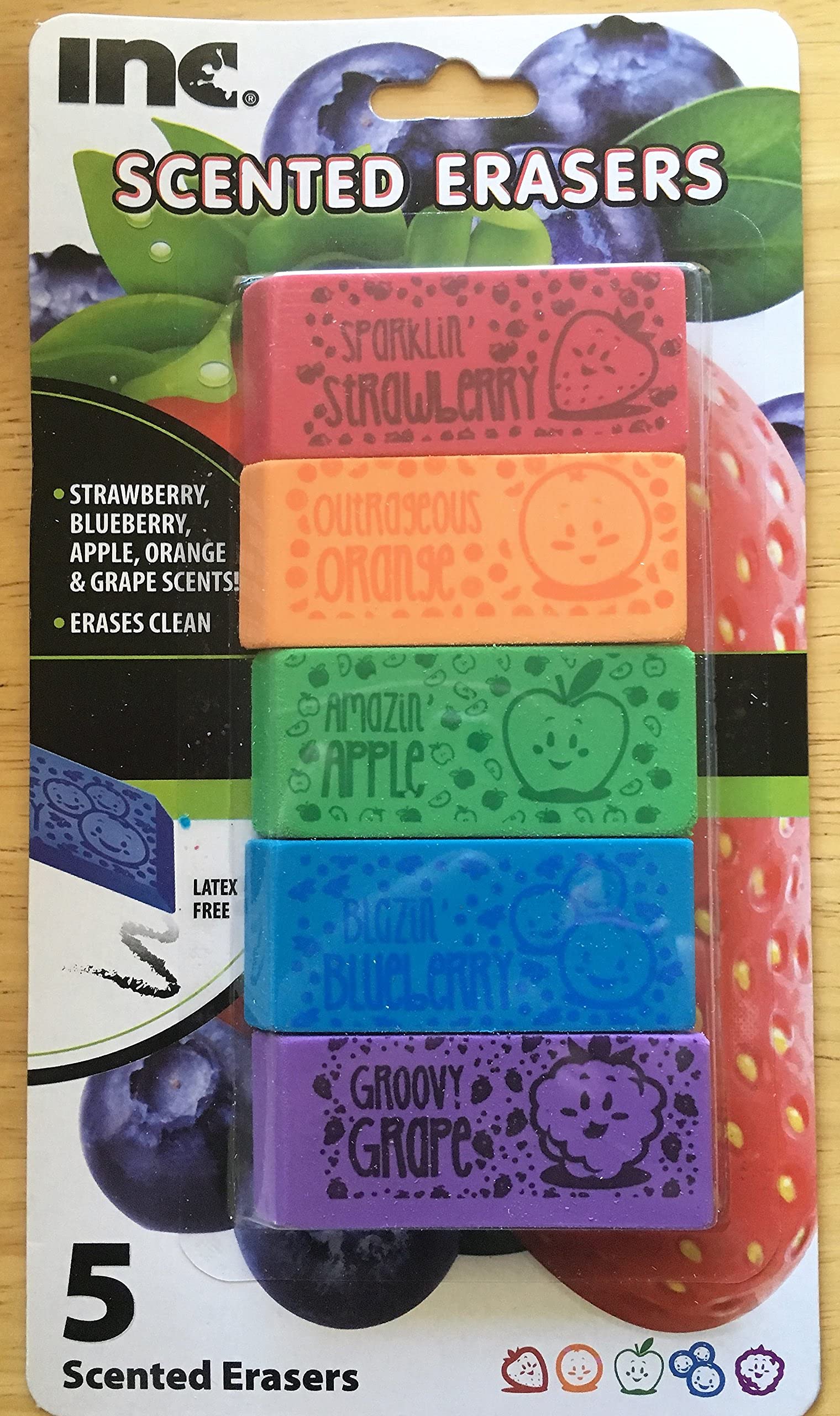 I-N-C Fruit Scented Latex-Free Erasers 5 Count,Red, Orange, Green, Blue & Purple. Pack of 3