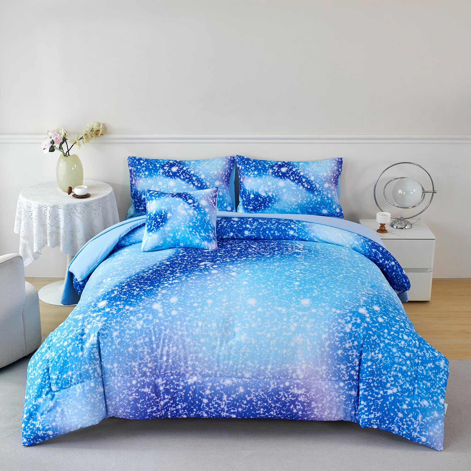PERFEMET Full Size Comforter Sets for Girls - 6 Pieces Kids Bed in A Bag, Colorful Rainbow Fluffy Bedding Comforter Sheet Set, Tie Dye Glitter Girl Bedroom Bed Set (Blue, Full)