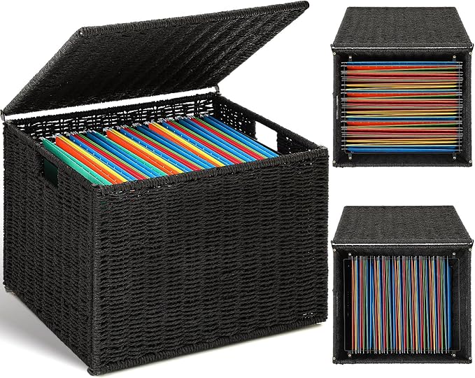 Extra Large Decorative File Box 18 x 16 x 13 in Wicker Seagrass File Basket Organizer for Letter & Legal Size Hand Woven Hanging Filing Cabinet with Lid for Home Office Decor Paper Rope,Black