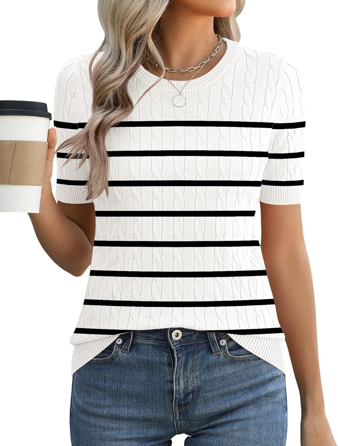 Micoson Womens Short Sleeve Cable Knit Sweater Tops Crewneck Lightweight Spring Summer Shirts Business Dressy Casual Outfits