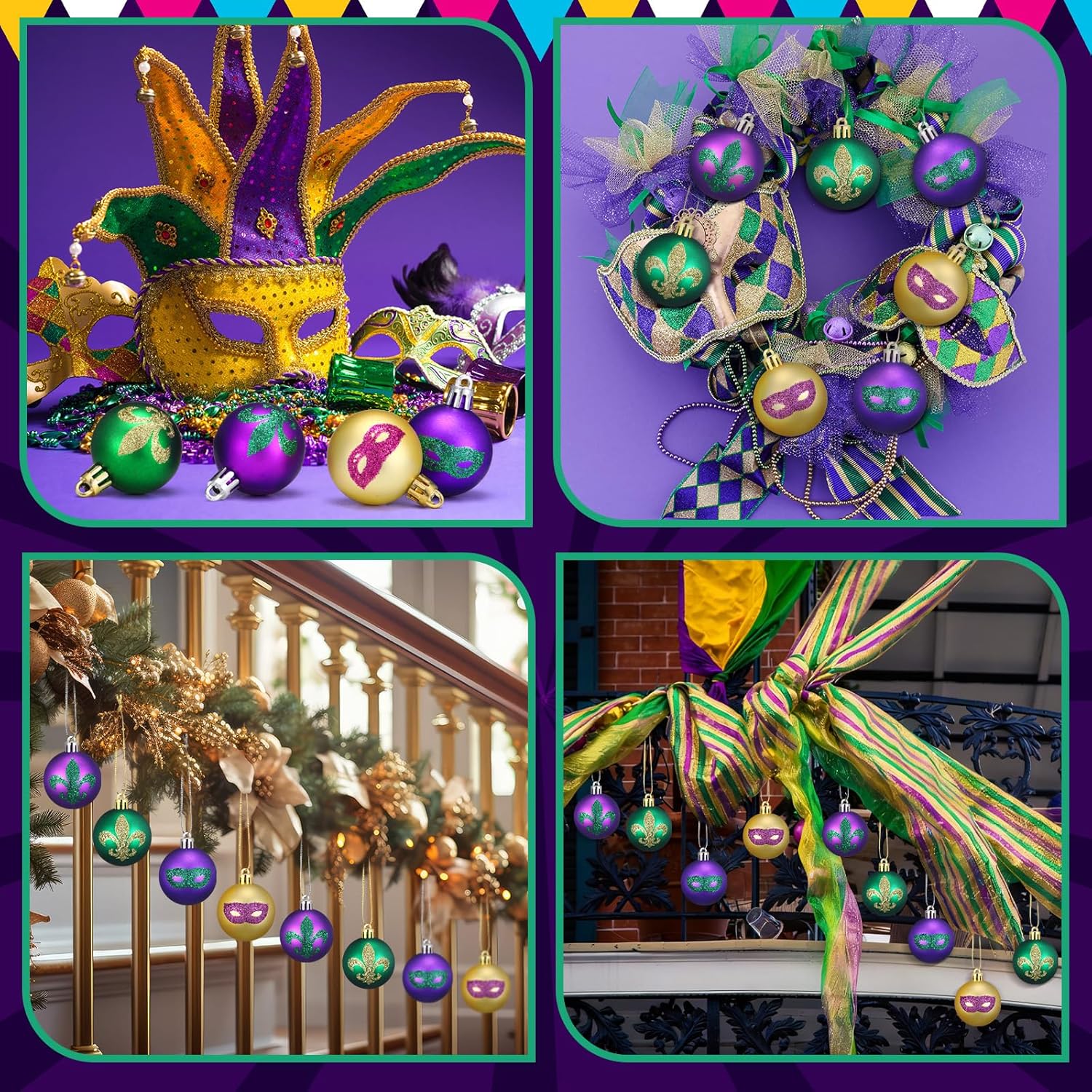 60 Pcs Mardi Gras Hanging Ball Ornament1.57 Inch Mardi Gras Glitter Tree Hanging Decoration Purple Green Gold Ball Ornament Carnival Baubles Padent for New Orlean Carnival Masquerade Party Decor - Image 7