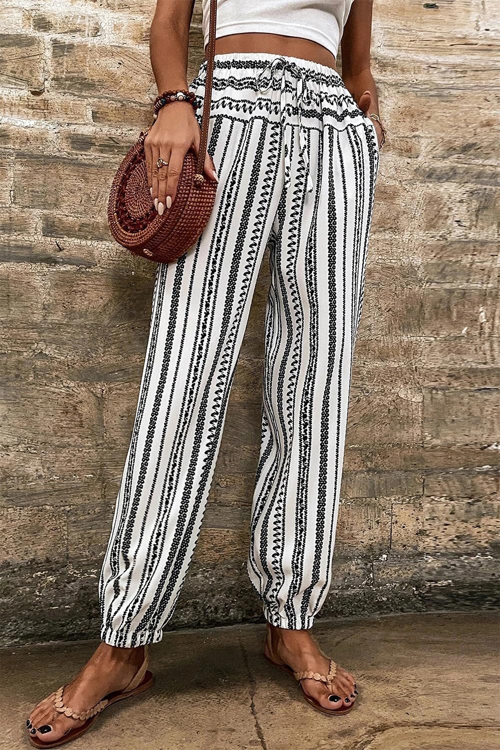 Trendy and Relaxed Fit Joggers - Black and White Striped Print with High Waist Design