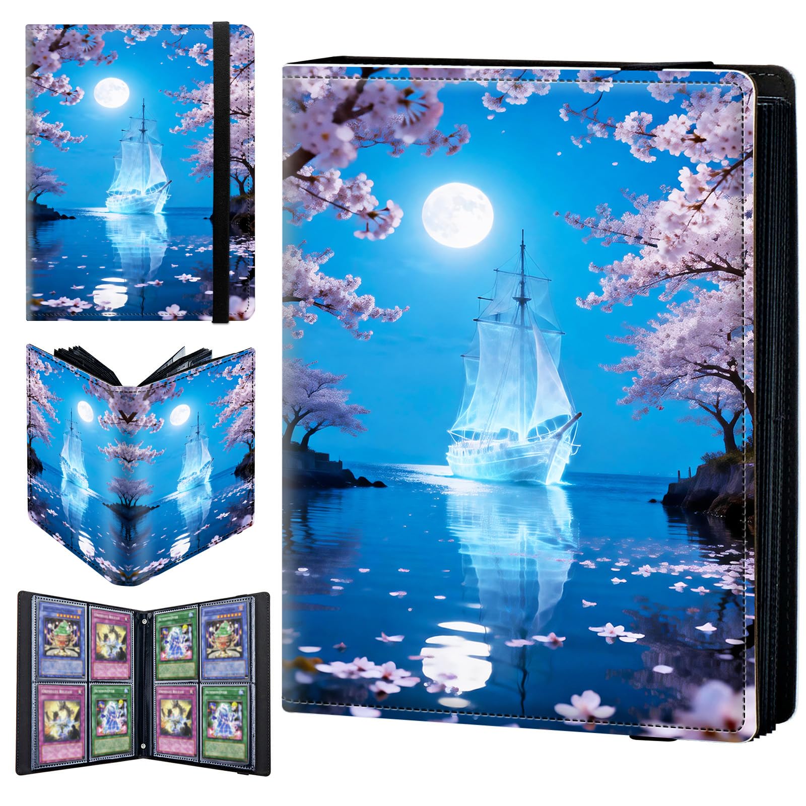 4 Pocket Trading Card Binder 400 Side Loading Pocket Album with Cherry Blossom Tree and Ship Pattern Design Card Binder for Sports Cards & Game Cards
