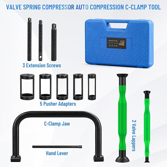 Valve Spring Compressor | 10 Piece Spring Clamp Tool Kit with C Clamp, Collet Pusher Adapters, Extension Rods, and Lever for Car, Motorcycle, ATV, and Small Engine Repairs (Green)