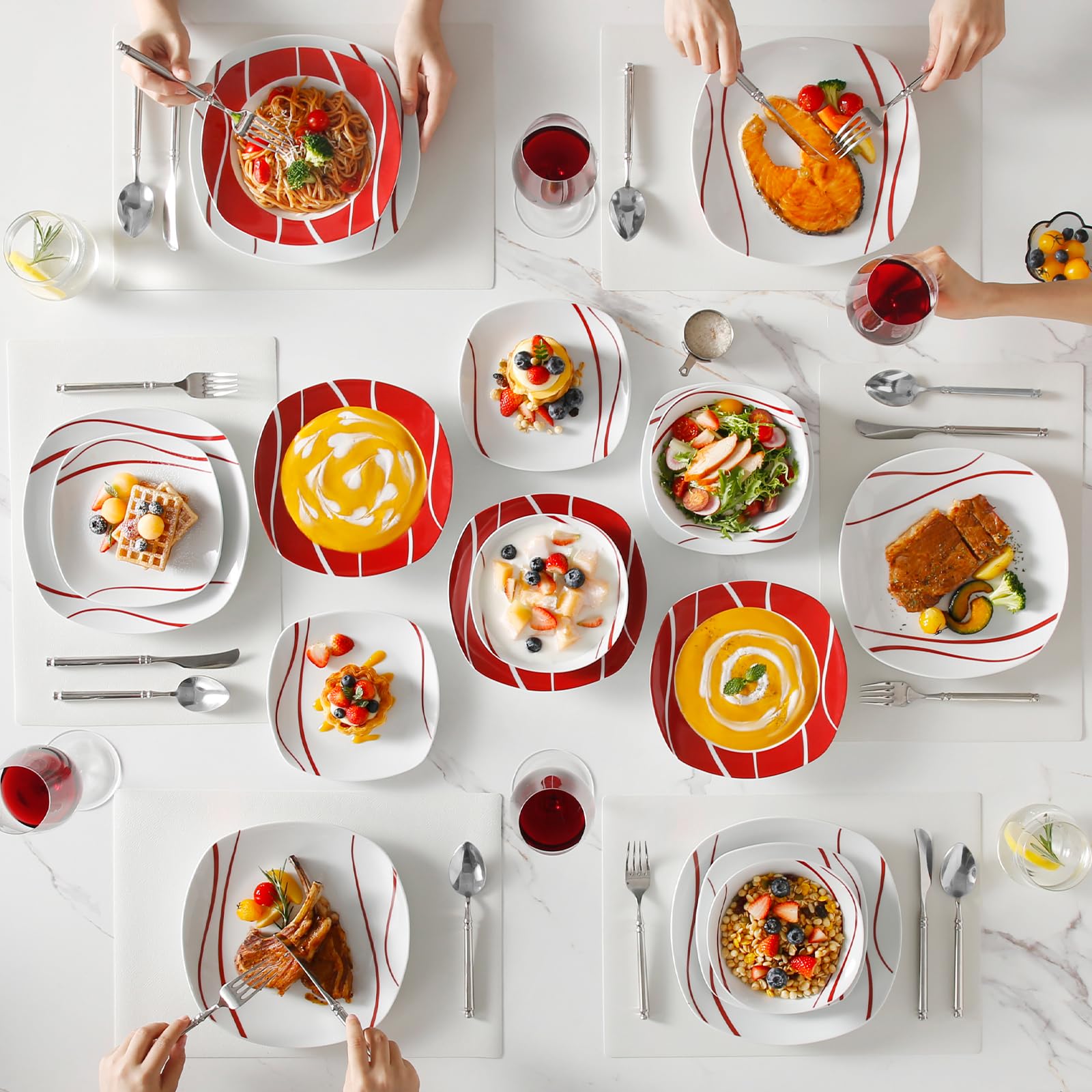 MALACASA Geschirrset 6 Personen, Felisa 24tlg Tafelservice aus Porzellan, Modernes Geschirr Set mit je 6 Speiseteller, Dessertteller, Suppenteller und Schüsseln, perfekt für Weihnachten und den Alltag