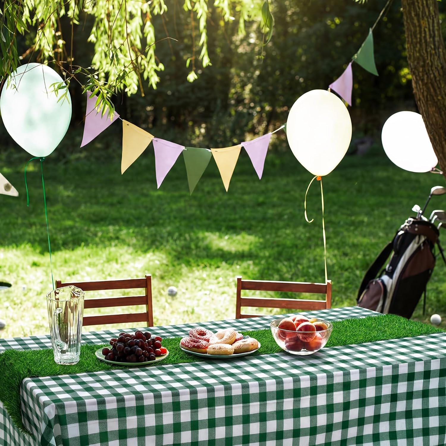 Moukeren 2 Pcs Golf Party Table Decorations 54 x 108 Inch Green and White Checkered Tablecloth 13 x 72 Inch Artificial Grass Table Runner for Golf Lovers Dining Centerpiece Party Supplies Decoration