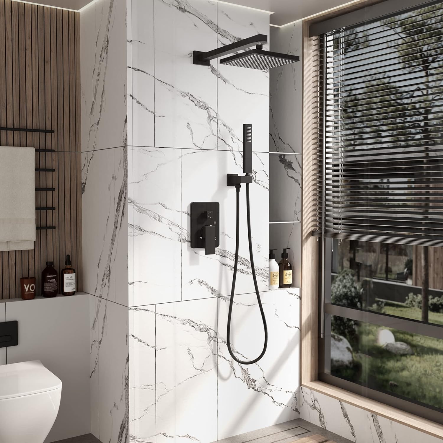 Rainfall Shower System Matte Black with High Pressure 8 inch Shower Head Hand Held Shower Head Bathroom Luxury Rain Mixer Shower Complete Combo Set Wall Mounted (Valve Included)