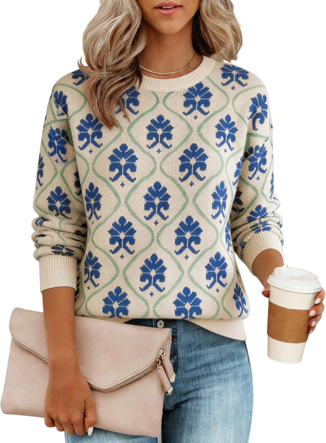 Yeokou Women Floral Sweater Crewneck Long Sleeve Knit Print Pullover Casual Chunky Knitwear