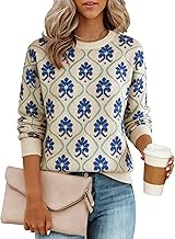 Yeokou Women Floral Sweater Crewneck Long Sleeve Knit Print Pullover Casual Chunky Knitwear