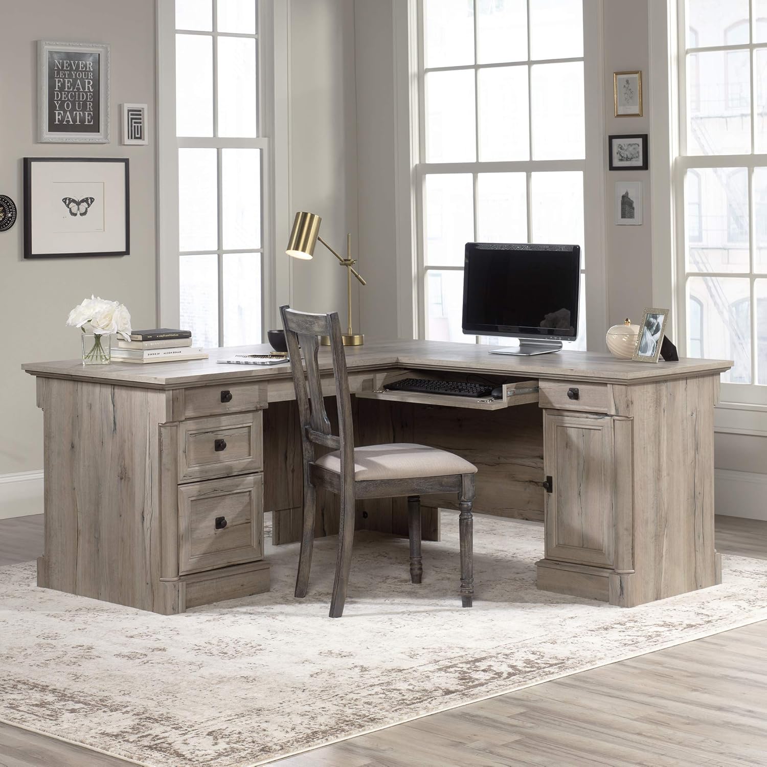 Sauder Palladia L-Shaped Desk (68.74" x 65.12" x 29.61") Palladia Lateral File (36.81" x 22.01" x 29.61") | Split Oak Finish