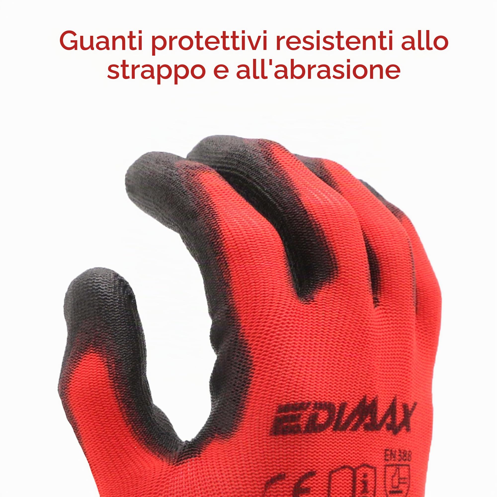 EDIMAX, Guanti da Lavoro, 12 Paia di Guanti, Resistenti all'Abrasione e Antitaglio Livello 2, Rivestiti in nylon PU, Versatile, Protezione Meccanica e Industriale