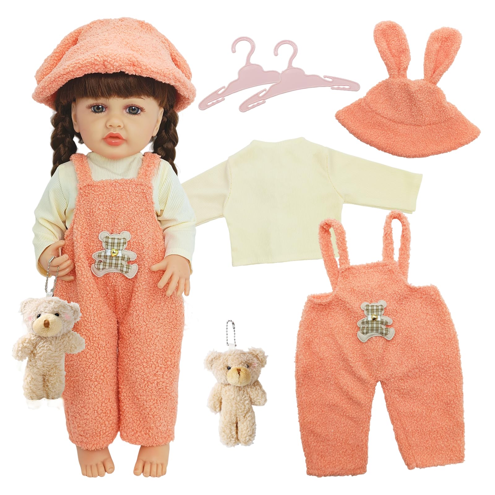 WanderGo Baby Doll clothes for 20-22 inch Dolls, 6-piece Outfit with Top + Pants + Hats + 2 Hangers + Plush Pendant