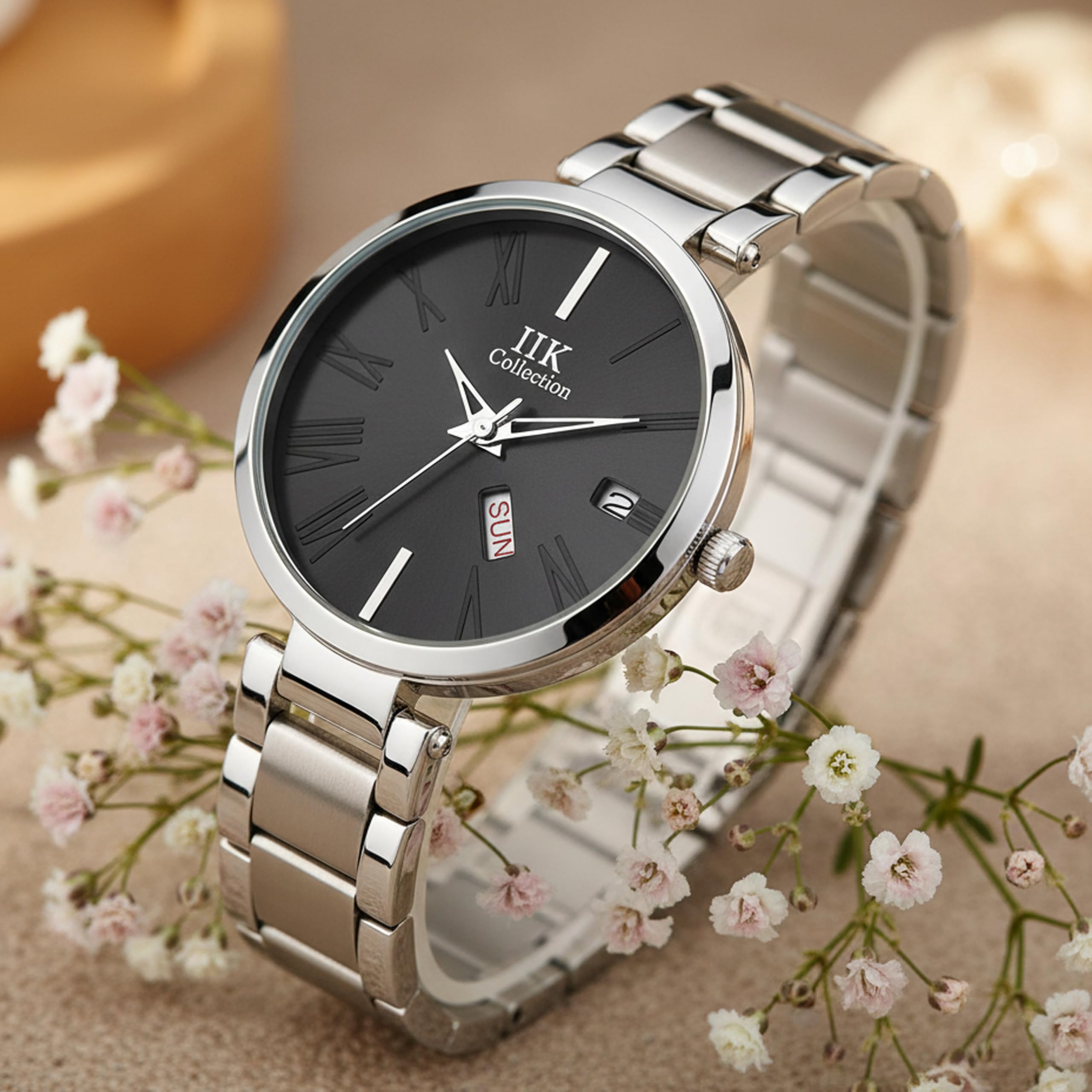 Watches for Women Round Studded Dial |Day and Date Quartz Movemnet |Long Battery Life|Stainless Steel Bracelet Chain Strap|Double Lock Clasp Safety Watches for Girls